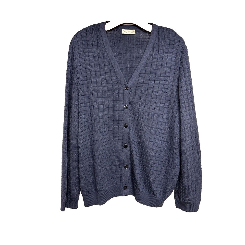 VTG Philippe Marques Blue Waffle Knit Button Up Cotton Cardigan Women's Size 16